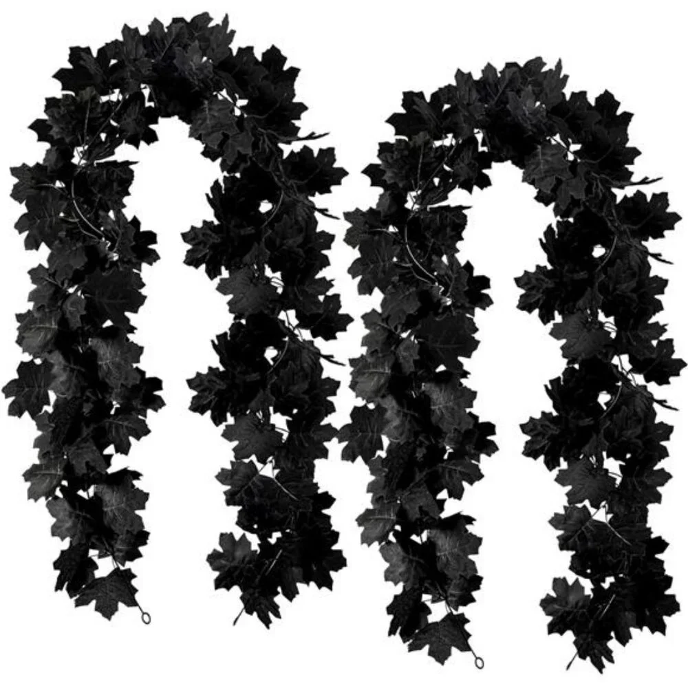 Black Maple Leaf Garland, 2PCS Halloween Artificial Hanging Fall Leave Vines